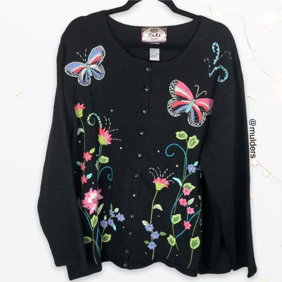 Vintage Y2k 2000s Tiara Butterfly Flower Embroidered Black Cardigan Ramie Cotton - Picture 1 of 10